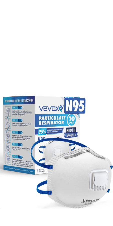 VEVOX™️ N95 Mask – NIOSH Approved – 10 or 20 Pack – Valved Particulate Respirator – Comfort-Plus Seal – Dust Mask for Adults