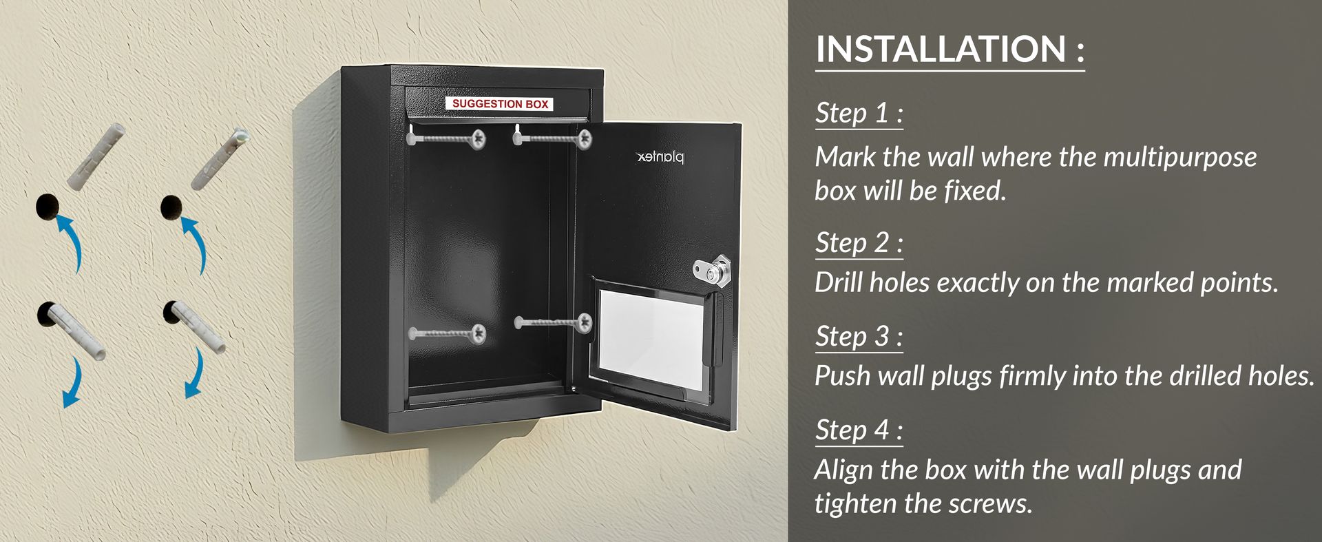 Plantex All in 1 Letter Box/Multipurpose Box- Suggestion Box/Complaint Box/Post Box/Donation Box/Letter Box for Home gate and Office with Keylocks - Table Top, Wall Mounted - GI Steel (Black)