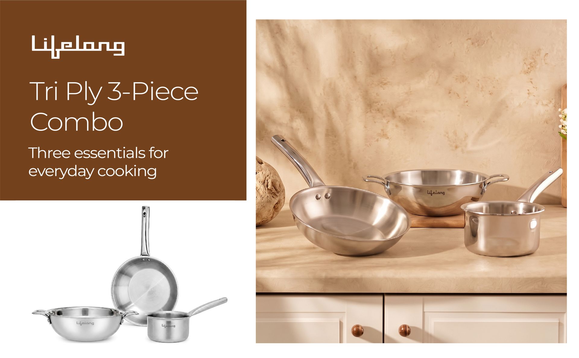 Lifelong Triply 3-piece cookware Set | Kadai, Frypan & Saucepan for Cooking | Stainless Steel 22 cm Kadai & Fry Pan 22 cm | 14 cm Sauce Pan | Induction Bottom & Gas Stove Cookware (LLTP3PCS)