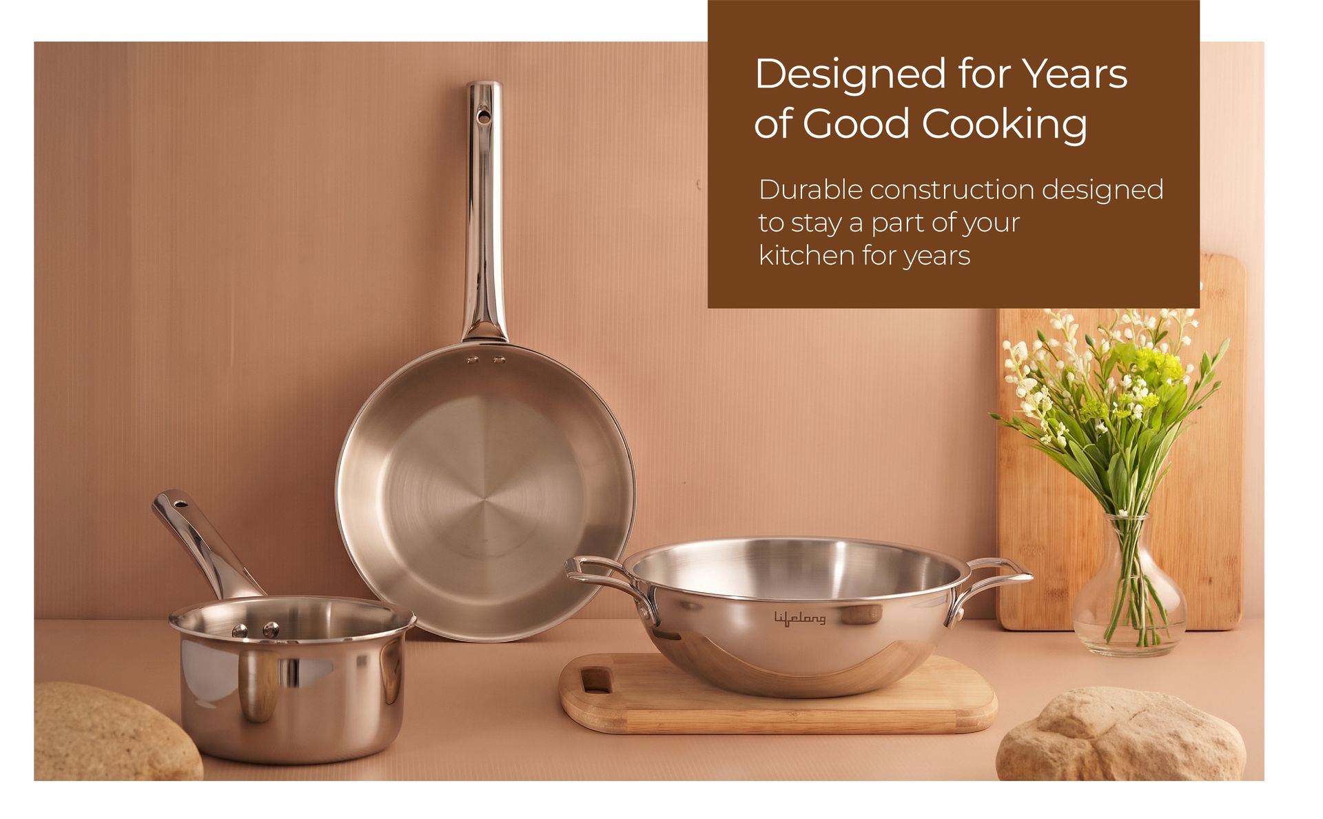 Lifelong Triply 3-piece cookware Set | Kadai, Frypan & Saucepan for Cooking | Stainless Steel 22 cm Kadai & Fry Pan 22 cm | 14 cm Sauce Pan | Induction Bottom & Gas Stove Cookware (LLTP3PCS)