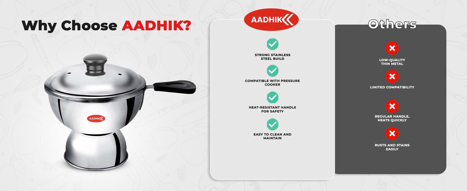AADHIK Chiratta Puttu Maker with Handle Use with Pressure Cooker Puttu Kutti Puttu Steamer Silver, Make in India