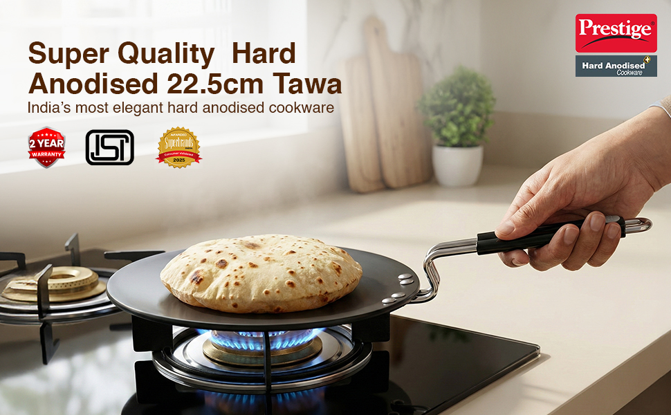 Prestige Hard Anodised Roti Tawa 22.5 cm | Thick Base (4 mm) | Gas & Induction Compatible | Metal Spoon Friendly | Stay Cool Handle | Wide Base | 2Y Warranty | ISI