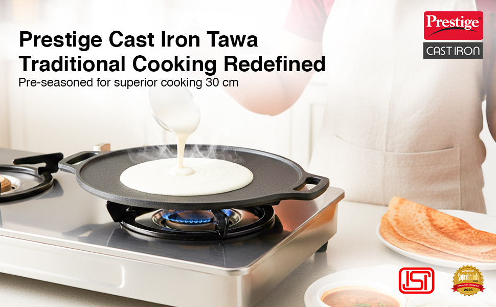Prestige 30 cm Cast Iron Dosa Tawa|Super Durable(Lasts for Generation)|Retains Heat for Long|10 Years Warranty
