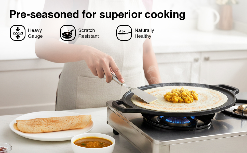 Prestige 30 cm Cast Iron Dosa Tawa|Super Durable(Lasts for Generation)|Retains Heat for Long|10 Years Warranty