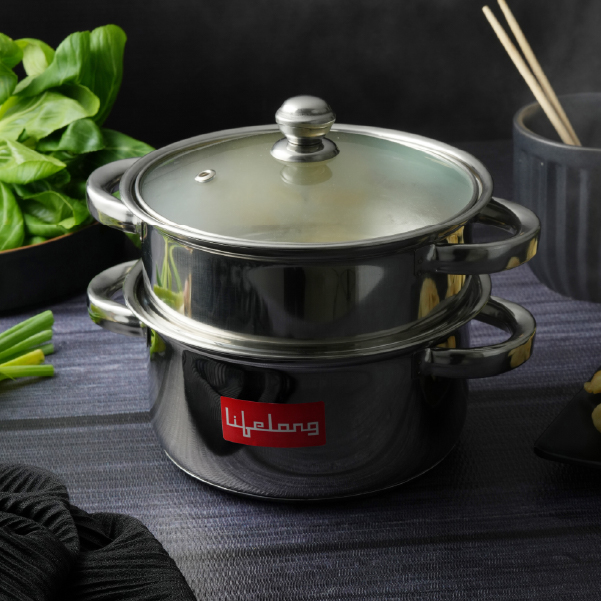 Lifelong 2-Tier Steamer/Momo/Modak Maker | Induction Compitable with Glass Lid & Riveted Handles | 20 cm Stainless Steel Multi-Purpose Cooking Steamer (LLMOM01) 2 Litre