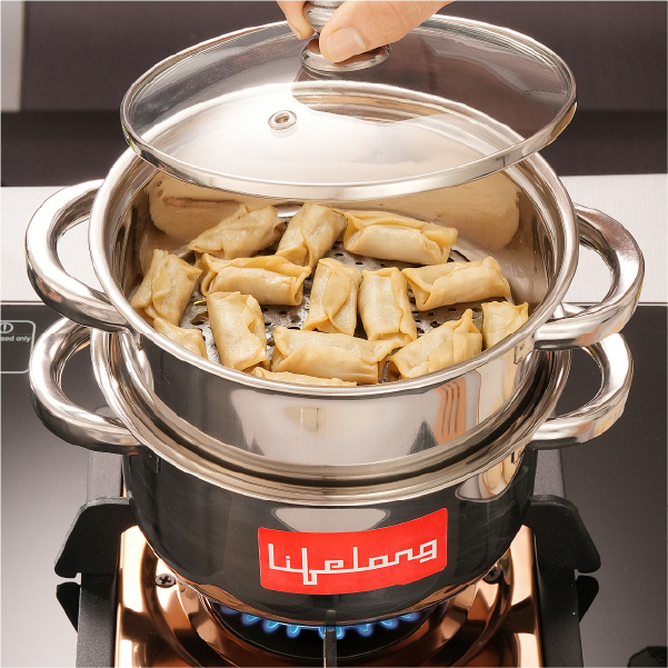 Lifelong 2-Tier Steamer/Momo/Modak Maker | Induction Compitable with Glass Lid & Riveted Handles | 20 cm Stainless Steel Multi-Purpose Cooking Steamer (LLMOM01) 2 Litre
