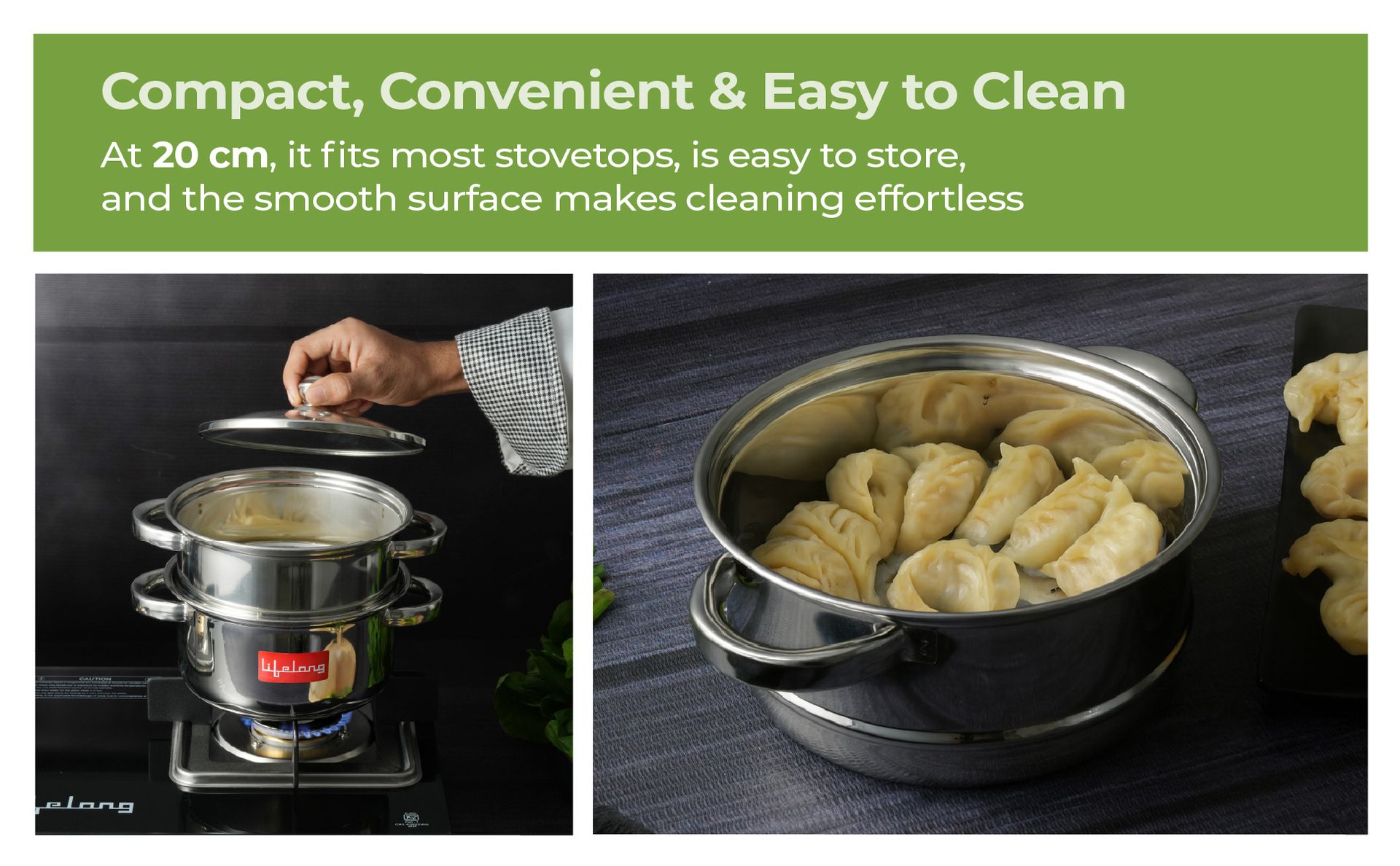 Lifelong 2-Tier Steamer/Momo/Modak Maker | Induction Compitable with Glass Lid & Riveted Handles | 20 cm Stainless Steel Multi-Purpose Cooking Steamer (LLMOM01) 2 Litre