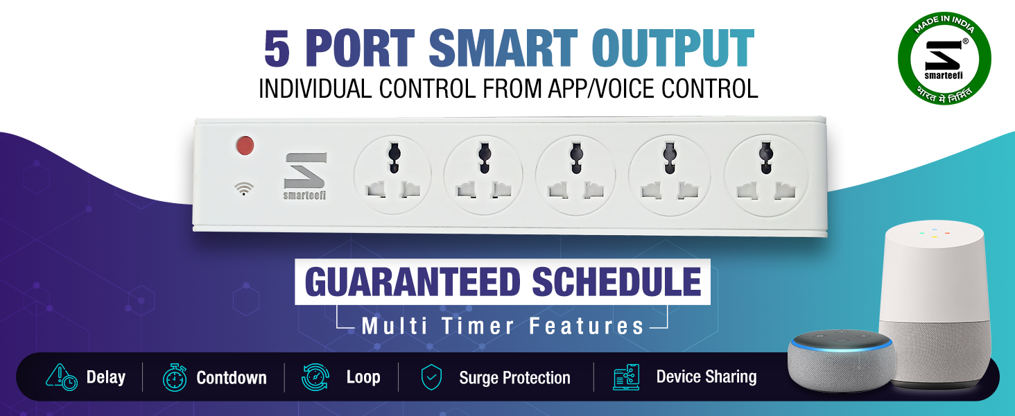 Smarteefi WiFi Smart Power Extension | Guaranteed Schedules Works Without Internet | 5 Ports | Smart Plug | 10A | Energy Monitoring | Countdown Timer | Compatible with Alexa & Home (SE51-GS)