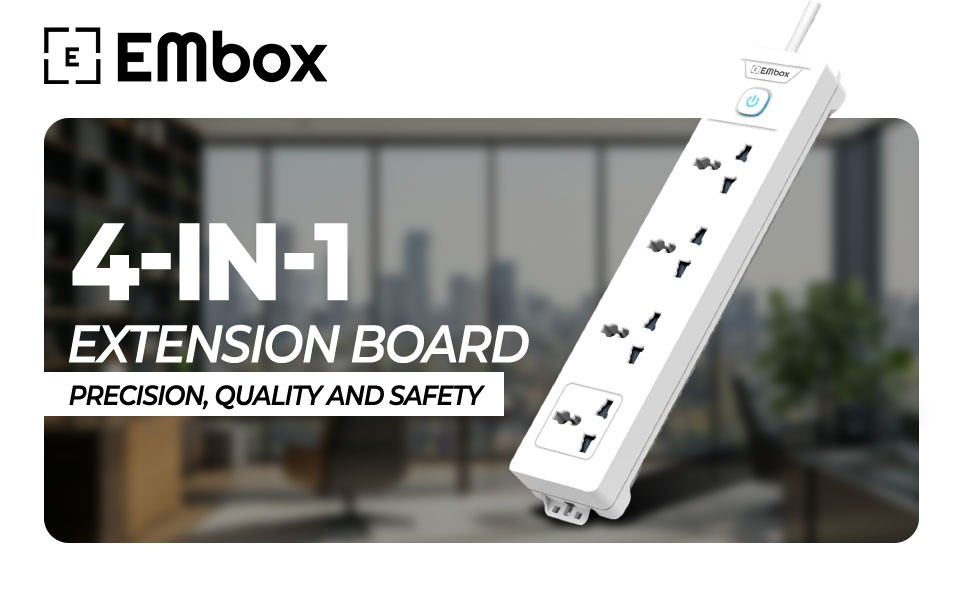 EMBOX 1500W Extension Board with Switches | 4 Universal Sockets Master Switch | Spike Guard, LED Indicator| 2 Meter Extension Cord