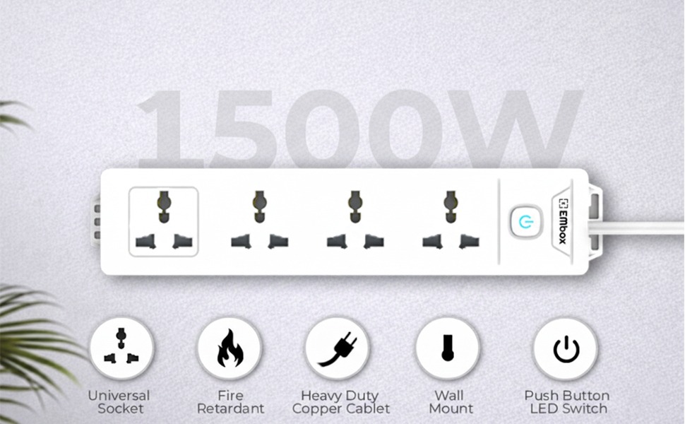 EMBOX 1500W Extension Board with Switches | 4 Universal Sockets Master Switch | Spike Guard, LED Indicator| 2 Meter Extension Cord