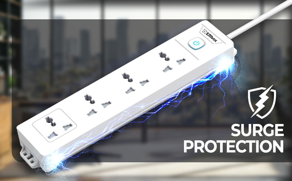 EMBOX 1500W Extension Board with Switches | 4 Universal Sockets Master Switch | Spike Guard, LED Indicator| 2 Meter Extension Cord