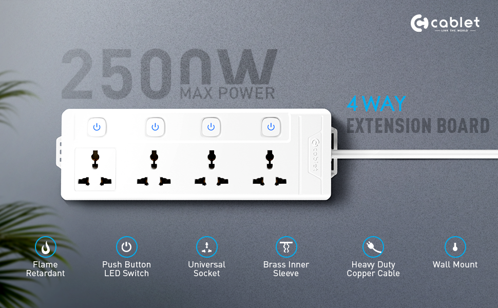 Cablet 250 Volts Extension Board 2500W 10A, 4 Universal Sockets, Individual Switches, 1.8M Heavy Duty Copper Wire, LED Indicator, Power Strip for Home and Office Use
