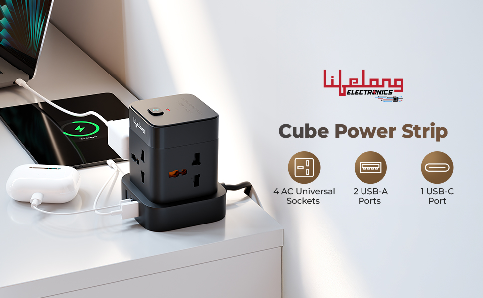 Lifelong Electronics Extension Board 7-in-1 with Switch | 4 AC Sockets + 3 USB Ports (2 Type A + 1 Type C) | Overload Protection | Desk Accessories & Multiplug Gadget | 2M Cord (Model: Cube)