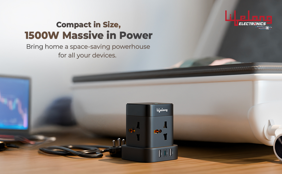 Lifelong Electronics Extension Board 7-in-1 with Switch | 4 AC Sockets + 3 USB Ports (2 Type A + 1 Type C) | Overload Protection | Desk Accessories & Multiplug Gadget | 2M Cord (Model: Cube)