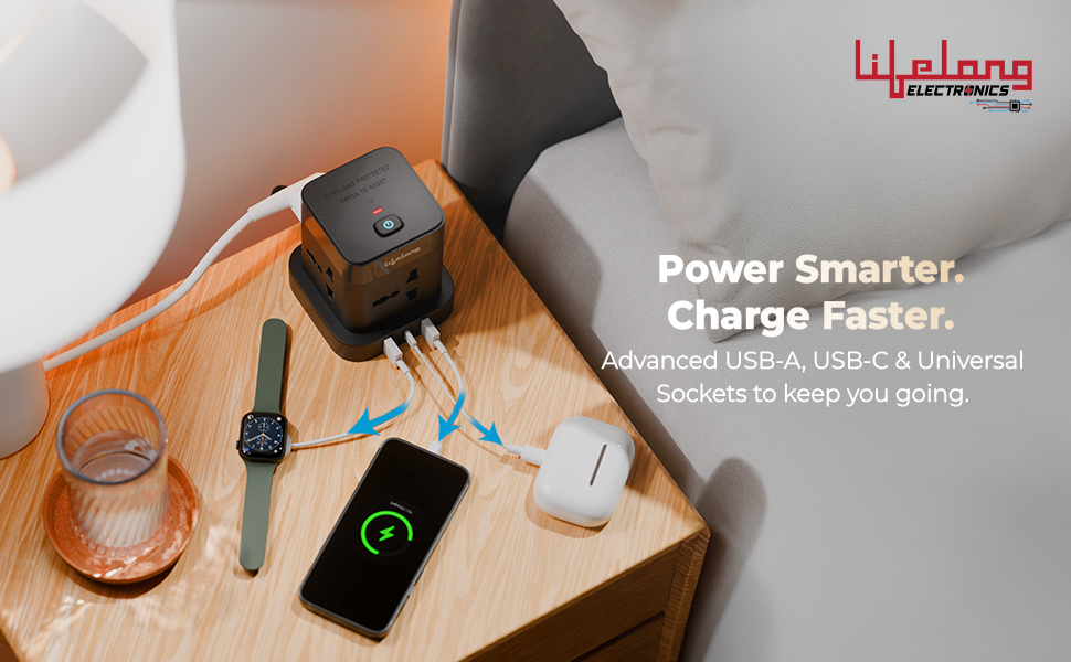 Lifelong Electronics Extension Board 7-in-1 with Switch | 4 AC Sockets + 3 USB Ports (2 Type A + 1 Type C) | Overload Protection | Desk Accessories & Multiplug Gadget | 2M Cord (Model: Cube)