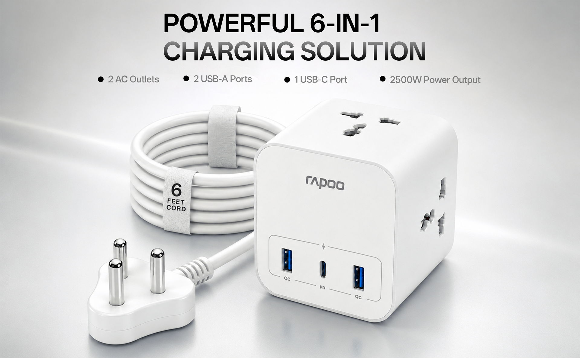 Rapoo SP30 6in1, Heavy Duty Power Extension, 3 AC Socket, 2 USB A, 1 Type C