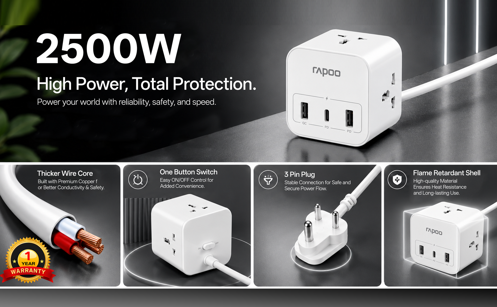 Rapoo SP30 6in1, Heavy Duty Power Extension, 3 AC Socket, 2 USB A, 1 Type C
