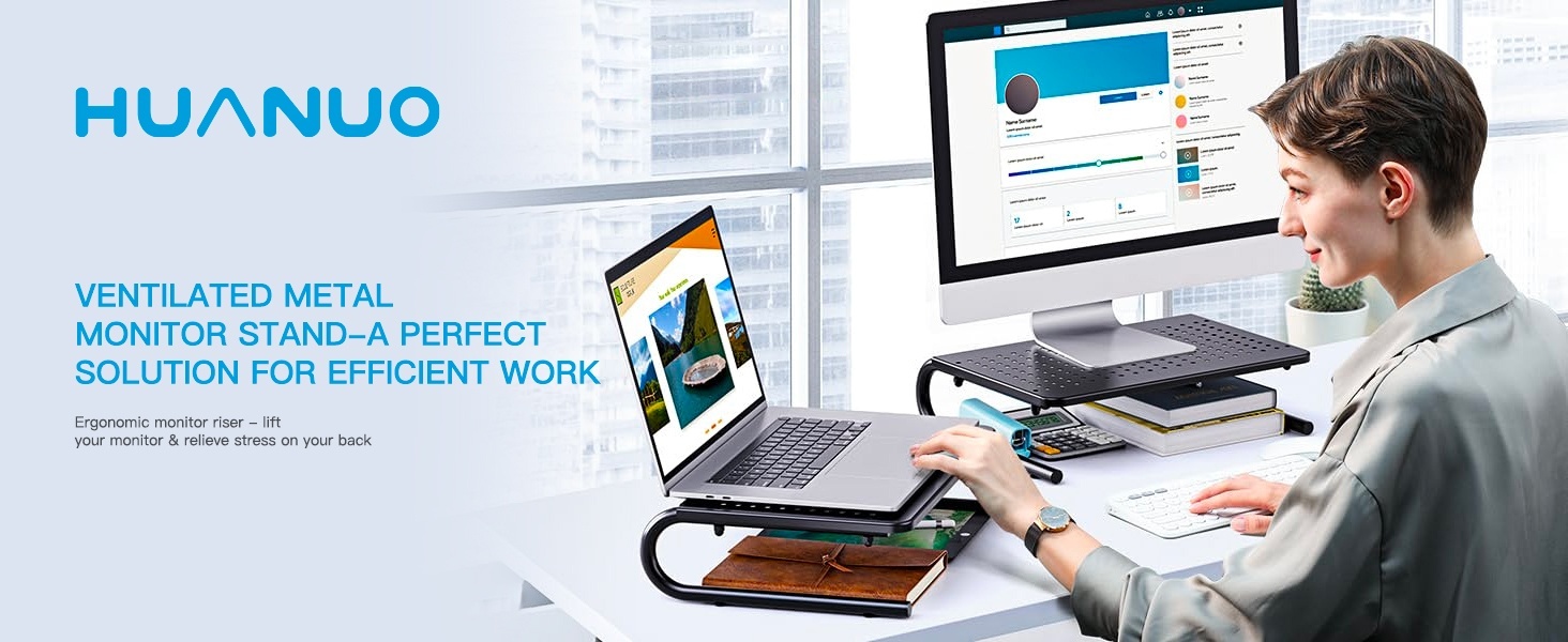 HUANUO Monitor Riser for Desk, Laptop Stand with Vented Steel Shelf, Black