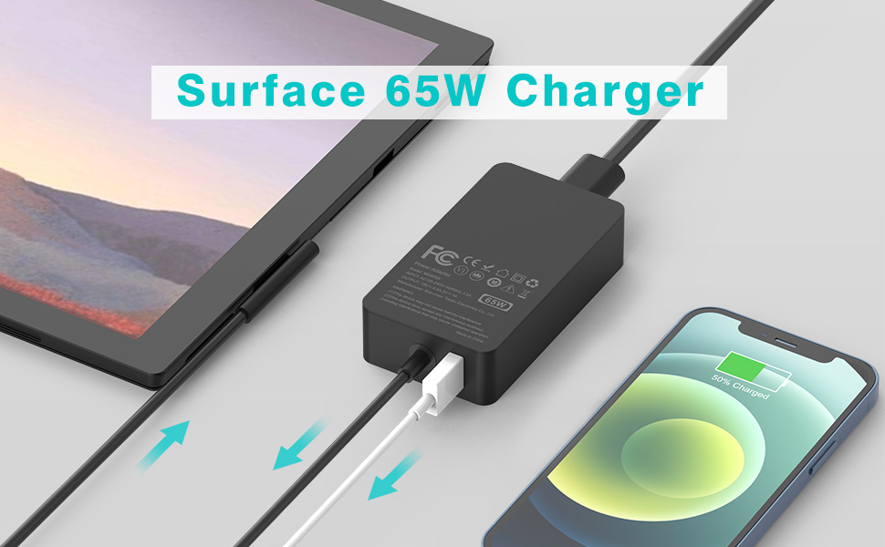 65W Charger Compatible with Microsoft Surface Pro 11, 10, 9, 8, 7+, 7, 6, 5, 4, 3, X, Power Adapter for Windows Surface Laptop 7/6/5/4/3/2/1, Go Tablet, Book 3/2/1, Support 44W, 36W, LED, 10FT