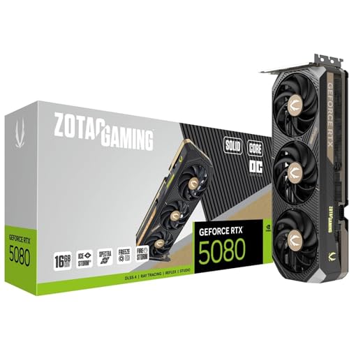 ZOTAC Gaming GeForce RTX 5080 Solid CORE OC Graphics Card - Black | 16 GB | DLSS 4 | GDDR7 | Advanced Cooling | Triple Fan | RGB Lighting | ZT-B50800J2-10P | Only Graphics Card with 5 Year Warranty