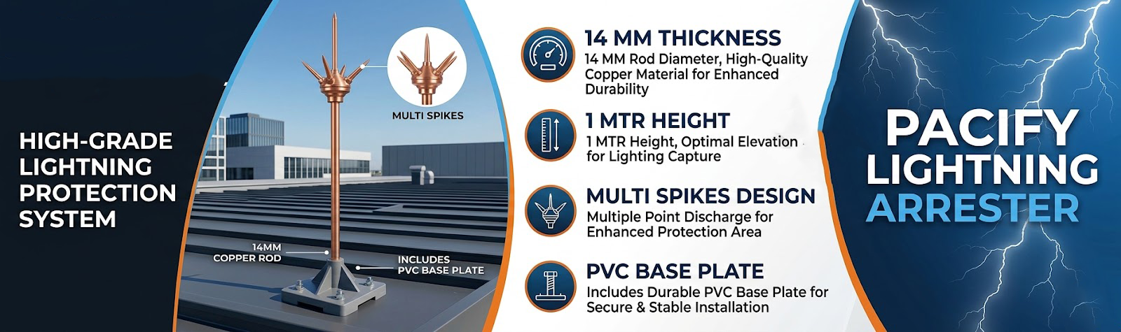 Pacify Copper Bonded Lightning Arrester Multi-Spike with PVC Base Plate for Insulation 14mm x 1mtr