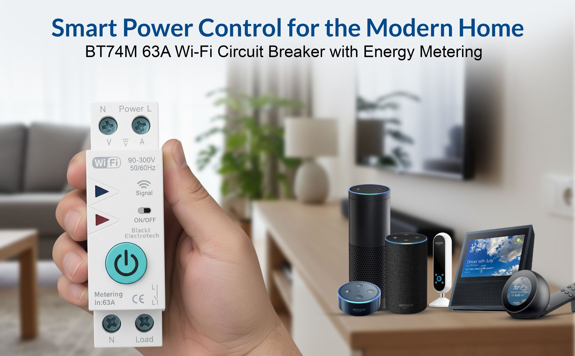 Blackt Electrotech BT74M 63A Wi-Fi Circuit Breaker with Energy Metering | 90-250V DIN Rail Mount | Remote Control, Timer, & Power Monitoring | Compatible with Smart Life, Alexa & Home