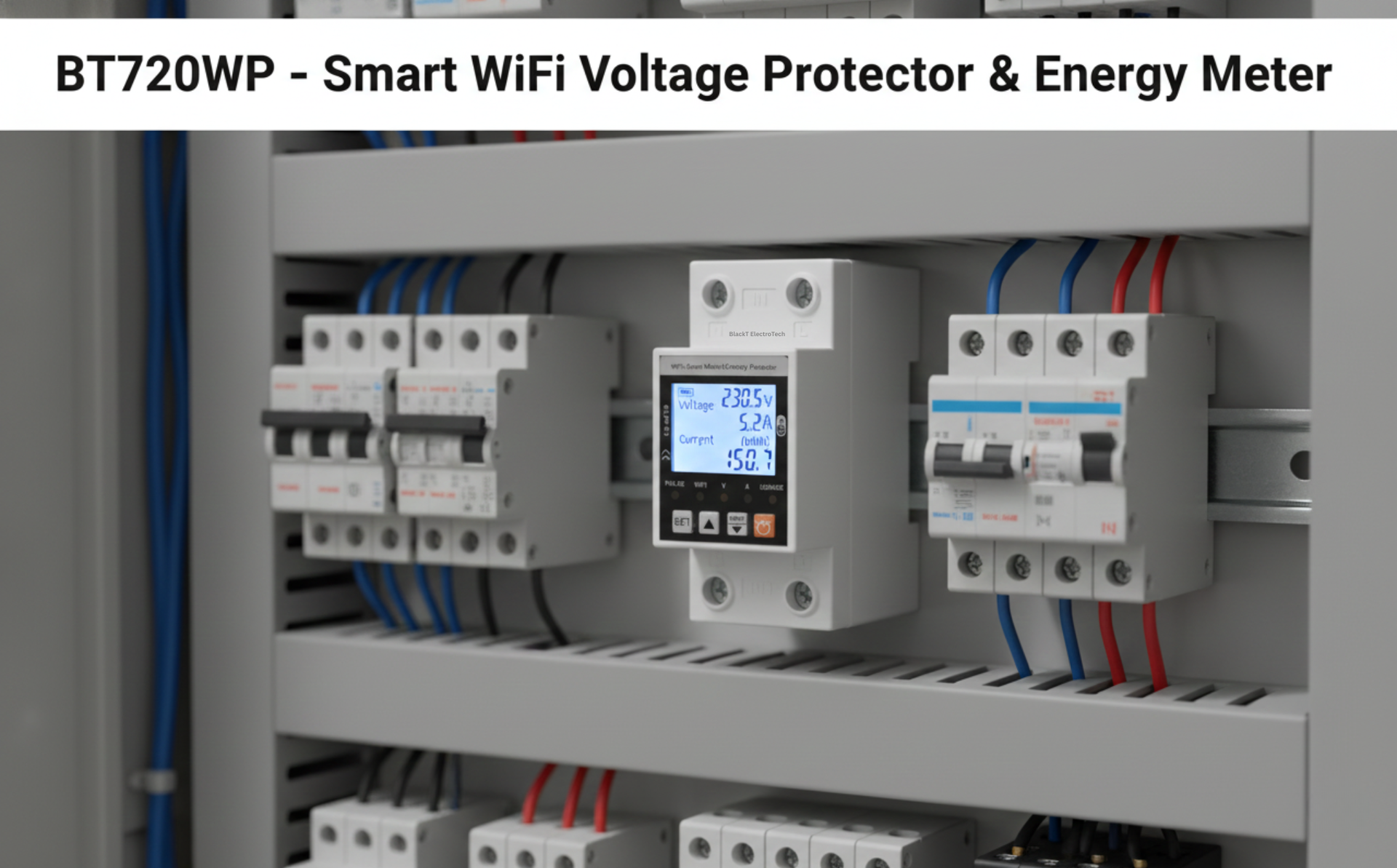 Blackt Electrotech BT720WP Smart Wi-Fi Over/Under Voltage Protector Energy Meter (AC 100-240V, 1-63A) with Leakage Protection, Remote Control & Power Monitoring Smart Life App