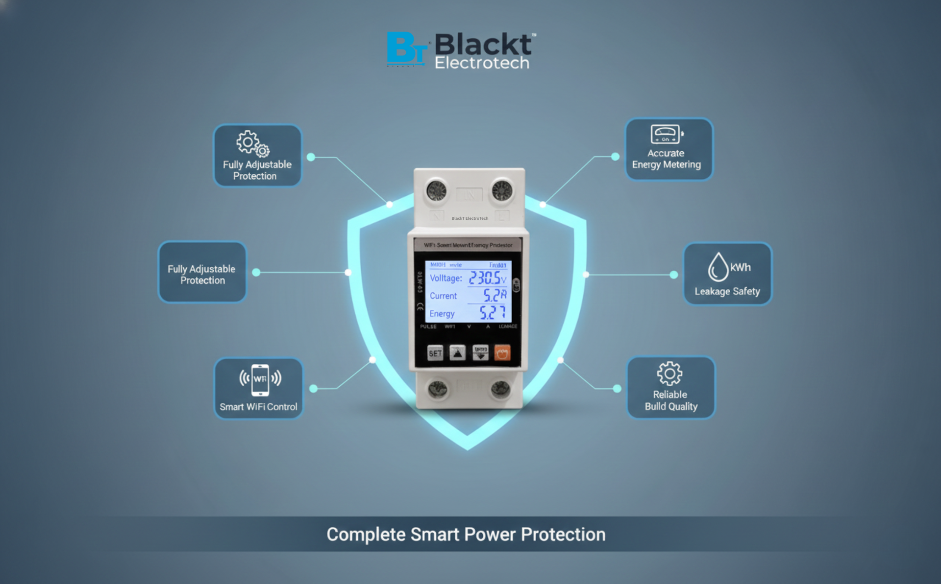 Blackt Electrotech BT720WP Smart Wi-Fi Over/Under Voltage Protector Energy Meter (AC 100-240V, 1-63A) with Leakage Protection, Remote Control & Power Monitoring Smart Life App