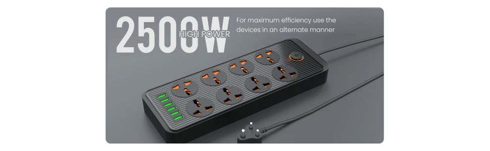 Portronics Power Plate 7 with 6 USB Port + 8 Power Sockets Smart Electric Universal Extension Board Multi Plug with 2500W, 2Mtr Cord Length, 2.1A USB Output(Black)
