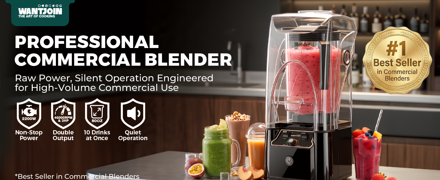 WantJoin Professional Commercial Blender With Shield Quiet Sound Enclosure 2200W Industries Strong and Quiet Professional-Grade Power, Self-Cleaning, Black