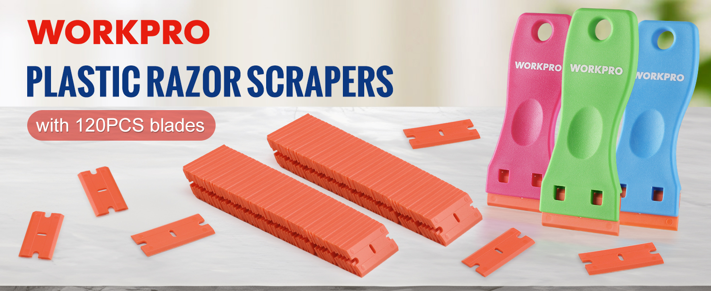 WORKPRO Plastic Razor Blade Scraper Kit, 3 Scrapers with 120 Blades