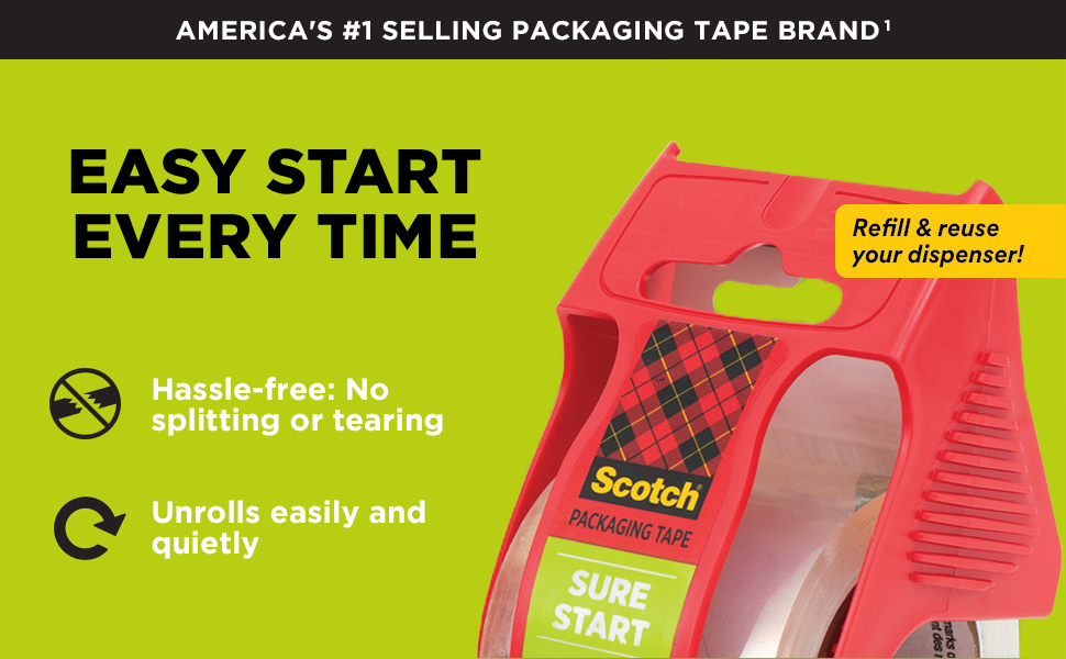 Scotch Sure Start Packing Tape, 1.88 in x 800 in, 6 Rolls