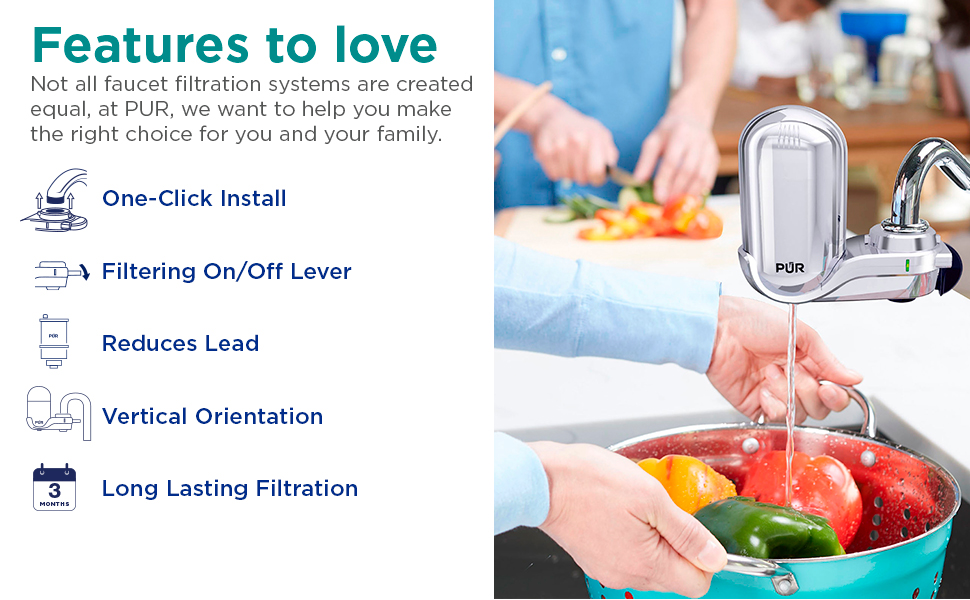 PUR Plus Vertical Faucet Mount Water Filtration System, Lead-Reducing Filter, Great-Tasting, Easy Install, Lasts 100 Gallons, Faucet Water Filter, Compatible with Sinks with External Aerators, Chrome