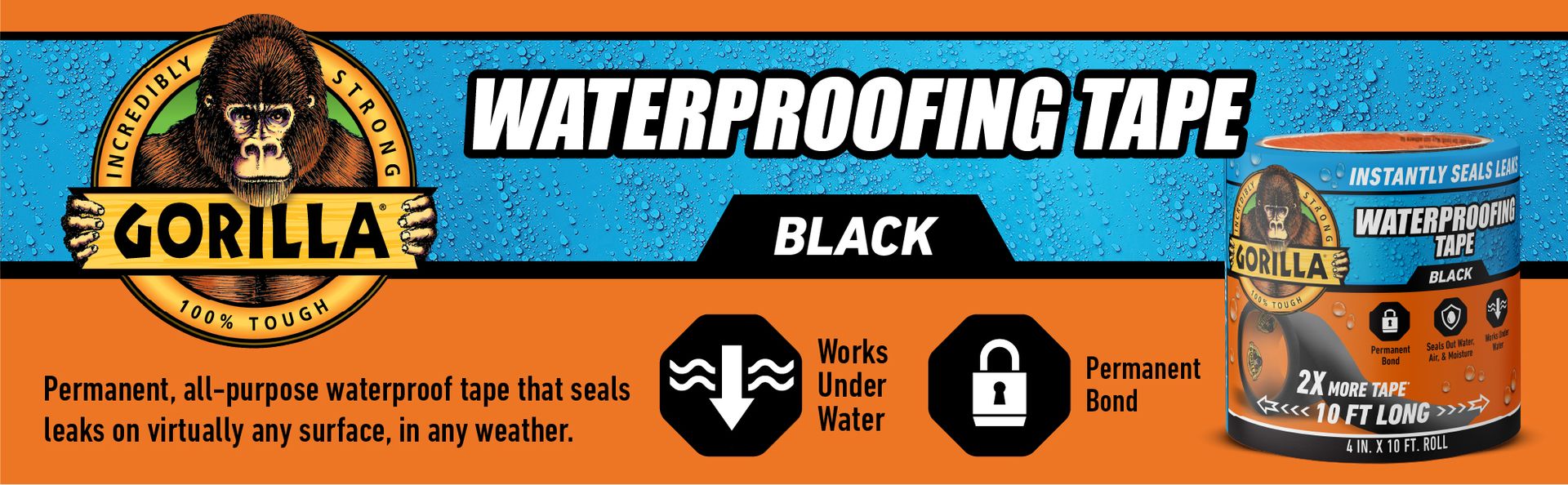 GORILLA Waterproofing Tape, Permanent, Black, 4" x 10', 1-Pack