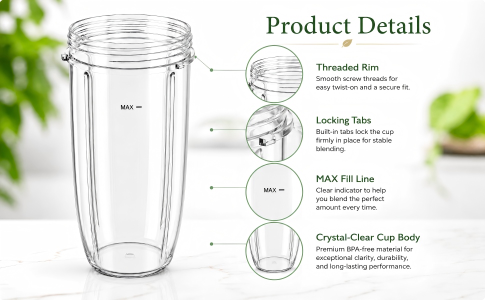 Replacement Parts 32oz Blender Cups (2 Packs) Replacement Blender Cups Compatible with NutriBullet 600w and 900w Blender
