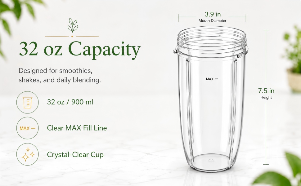 Replacement Parts 32oz Blender Cups (2 Packs) Replacement Blender Cups Compatible with NutriBullet 600w and 900w Blender