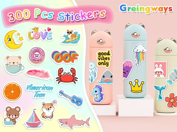 300 Pcs/Pack Water Bottle Stickers for Kids, Cute Vinyl Waterproof Stickers