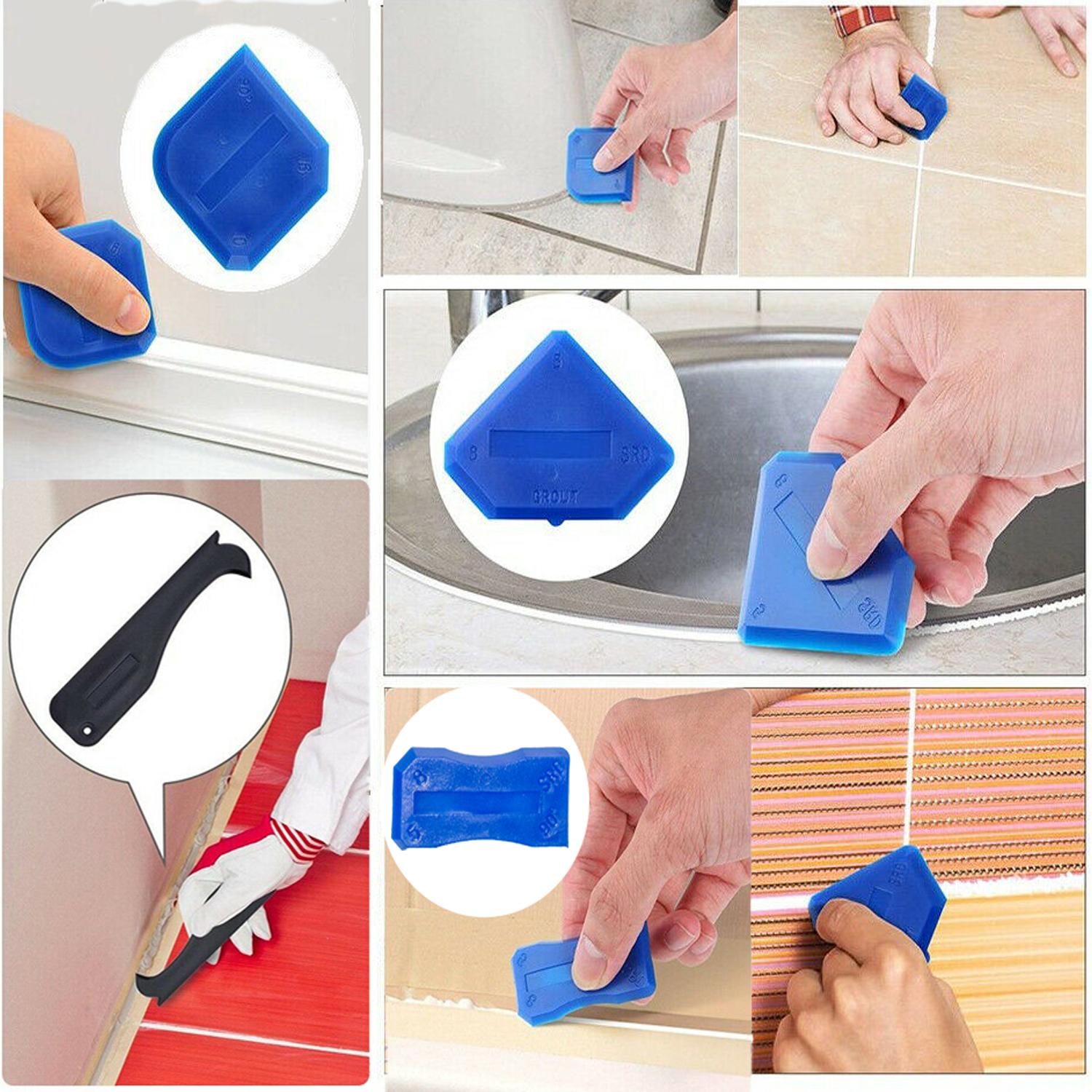 3 in 1 Silicone Caulking Tools(Stainless Steelhead), Sealant Finishing Tool Grout Scraper, Reuse and Replace 5 Silicone Pads, Great Tools for Kitchen Bathroom Window, Sink Joint