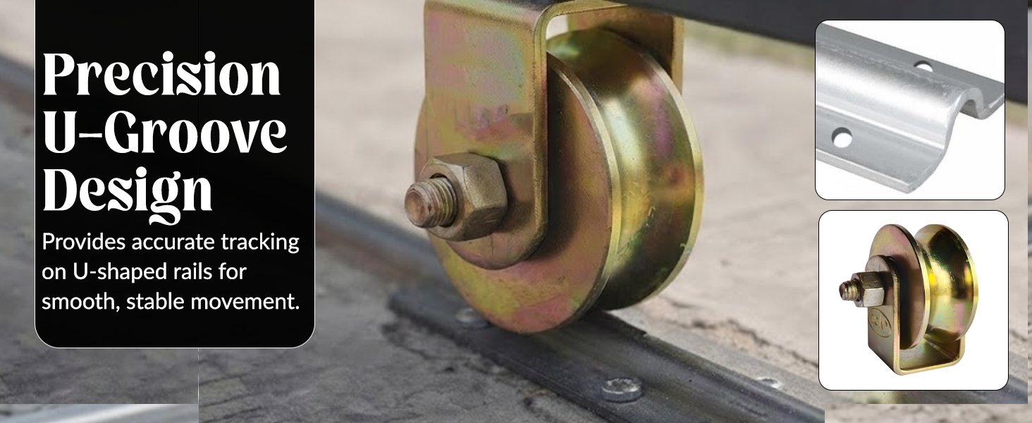 U Groove Sliding Wheel with Exterior Bracket, for Residential and Industrial Gates, Suitable for U Track, Wheel with Bearing and Bracket (4 pcs, U_Groove_2inch)