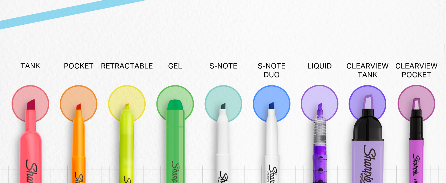 Sharpie Tank Highlighters, Assorted Colors, Chisel Tip, Back to School Essentials, Teacher & Office Supplies, Smear-Resistant, 12-Pack