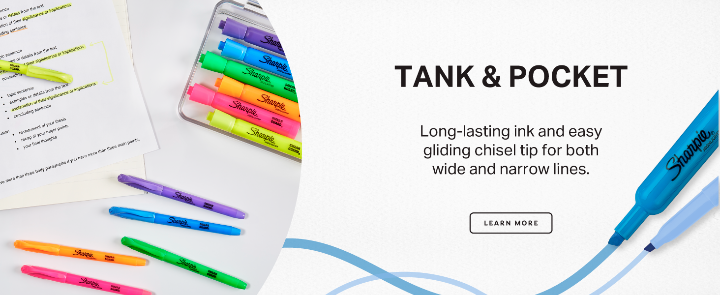 Sharpie Tank Highlighters, Assorted Colors, Chisel Tip, Back to School Essentials, Teacher & Office Supplies, Smear-Resistant, 12-Pack