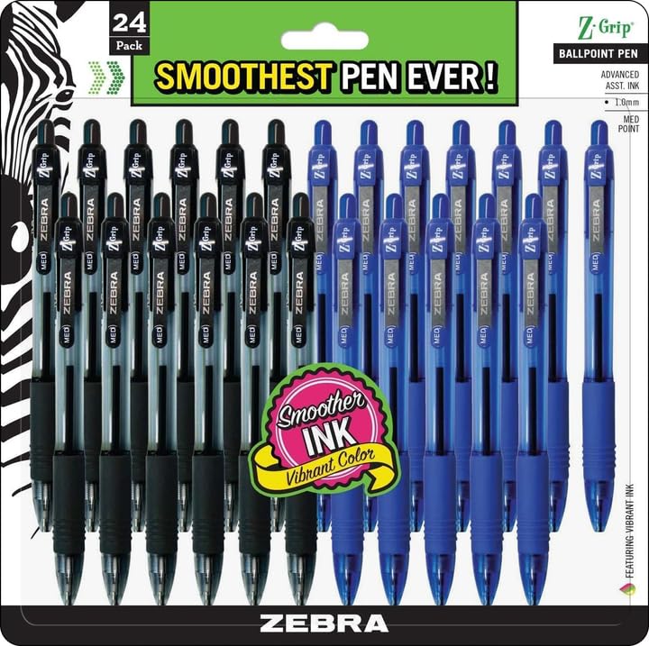 Zebra Pen Z-Grip Retractable Ballpoint Pen, Medium Point 1.0mm, 12 Black & 12 Blue Ink Pens, Bulk Pack of 24