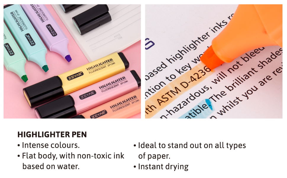 ZEYAR Highlighter, Pastel Colors Chisel Tip Marker Pen, AP Certified, Assorted Colors, Water Based, Quick Dry (6 Macaron Colors)