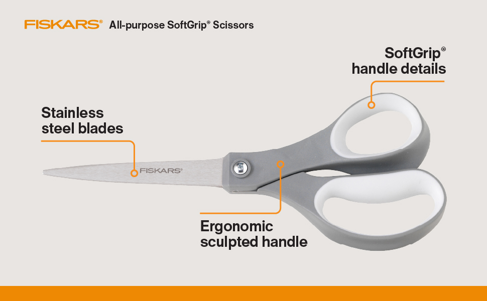 Fiskars 8" SoftGrip Everyday All Purpose Scissors, Office & Crafts, Grey