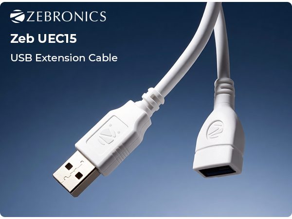 Zebronics USB Extension Cable, 1.5 Meter Length, 480Mbps Data Transfer, Full Copper Core, Nickel-Plated Connectors, Durable Build, For TV, Laptop, PC, Hard Drive, Gamepad (UEC15)