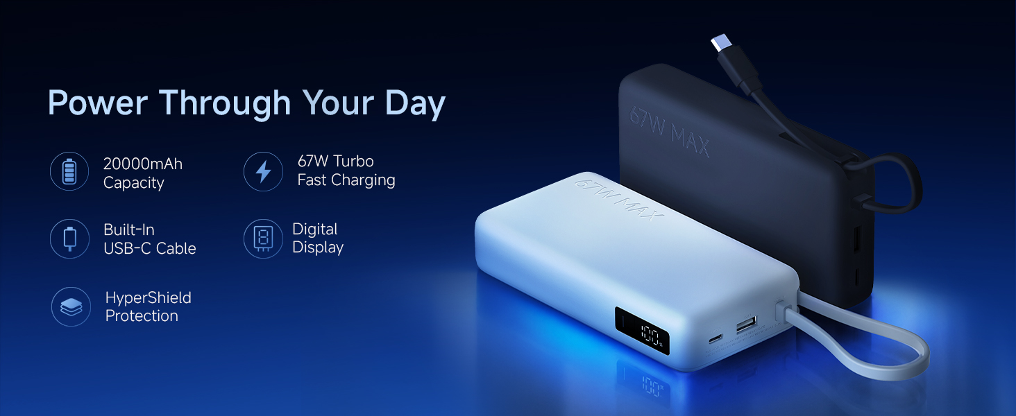 Xiaomi Power Bank 5i 20000mAh 67W Turbo Charging PD 3.0 & PPS|in-Built Cable|12 Layer Protection|Digital Display|Triple Output Ports|Supports Laptop, Tablet, Phone, Earbud (Jet Black)- 2026 New Launch