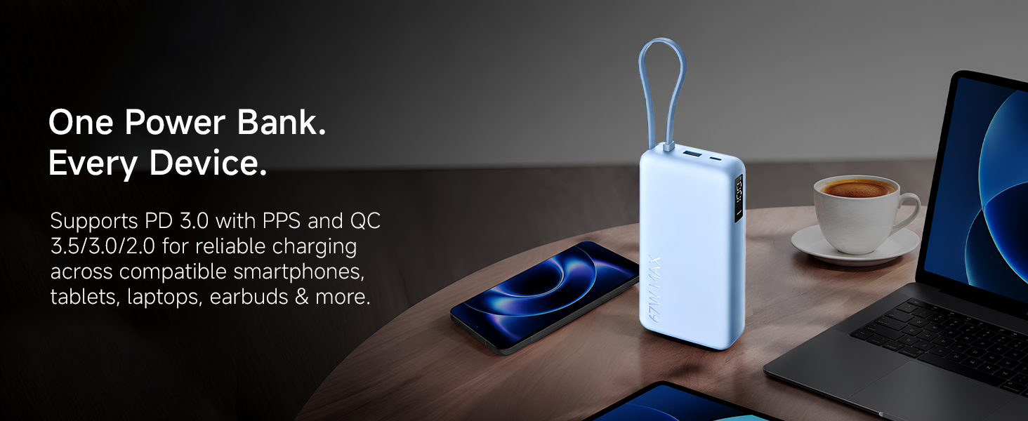 Xiaomi Power Bank 5i 20000mAh 67W Turbo Charging PD 3.0 & PPS|in-Built Cable|12 Layer Protection|Digital Display|Triple Output Ports|Supports Laptop, Tablet, Phone, Earbud (Jet Black)- 2026 New Launch