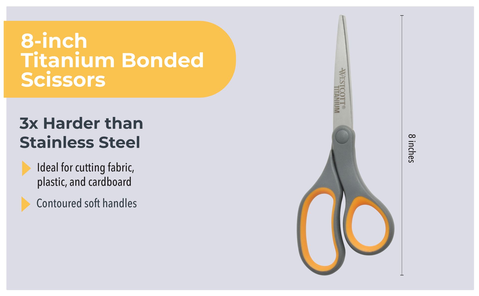 Westcott 8-Inch Titanium Bonded Straight Scissors, Soft Handle, Gray/Yellow, 4-Pack
