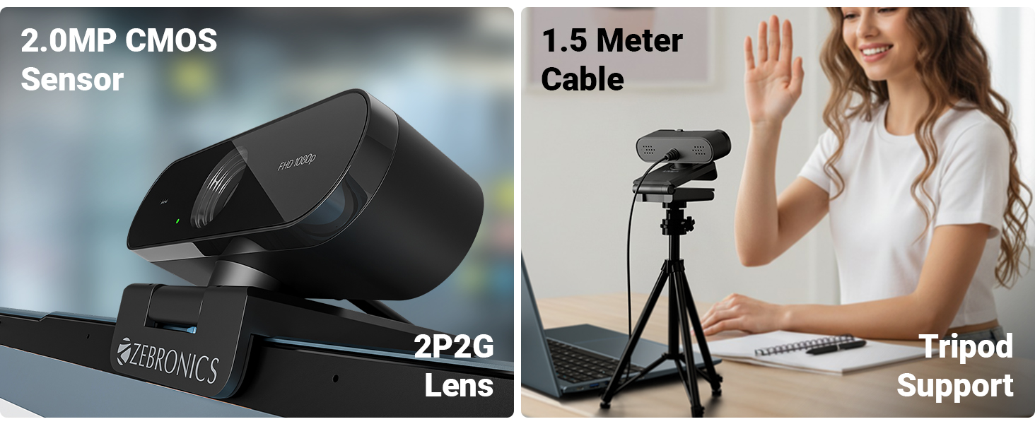 Zebronics FHD USB Webcam, 30FPS, 2P2G Lens, 2.0MP CMOS Sensor, Auto-White Balance, Auto-Exposure, Privacy Shutter, Built-in Mic, for Teams, FaceTime, PC/Laptop (Live Pro)