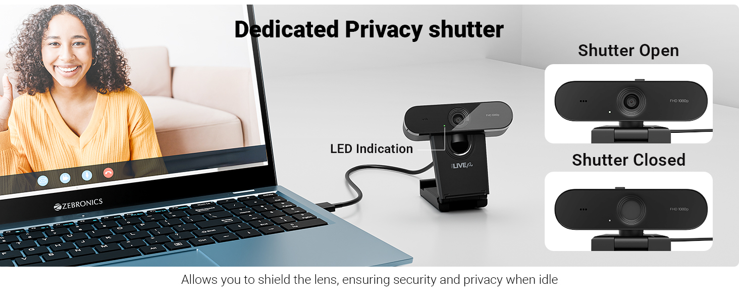 Zebronics FHD USB Webcam, 30FPS, 2P2G Lens, 2.0MP CMOS Sensor, Auto-White Balance, Auto-Exposure, Privacy Shutter, Built-in Mic, for Teams, FaceTime, PC/Laptop (Live Pro)